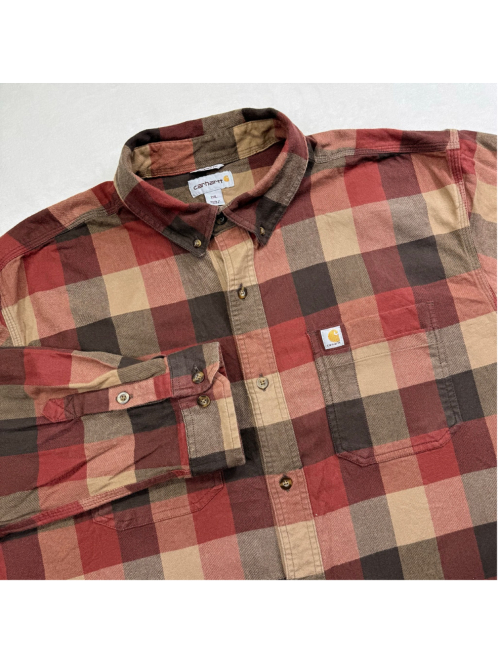 Men's Carhartt Casual Button Down Shirt XXL Relaxed Fit Red Beige Plaid